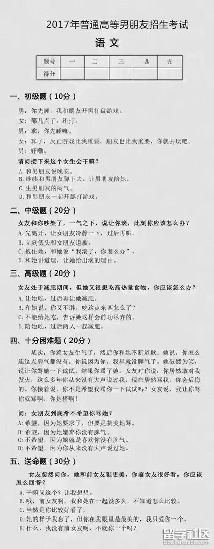 2017普通高等男/女朋友招生考试 扎心！
