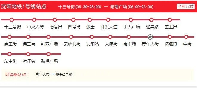 2021沈阳地铁1号线路图 沈阳地铁1号线站点图及运营时间